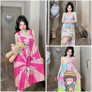 Váy 2 dây bản to dáng dài đầm ngủ mặc nhà dễ thương chất lụa xước in 5D mềm nhẹ mát phom 40-65kg LANUTA
