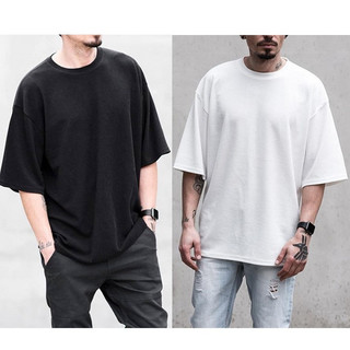 Áo thun cotton nam tay lỡ basic, áo thun trơn tay lỡ màu trắng - đen trắng basic meoshop1