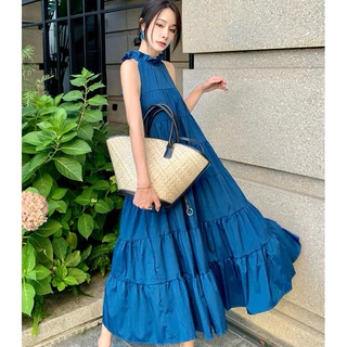 Đầm Maxi Xoè Xanh Tầng Nơ