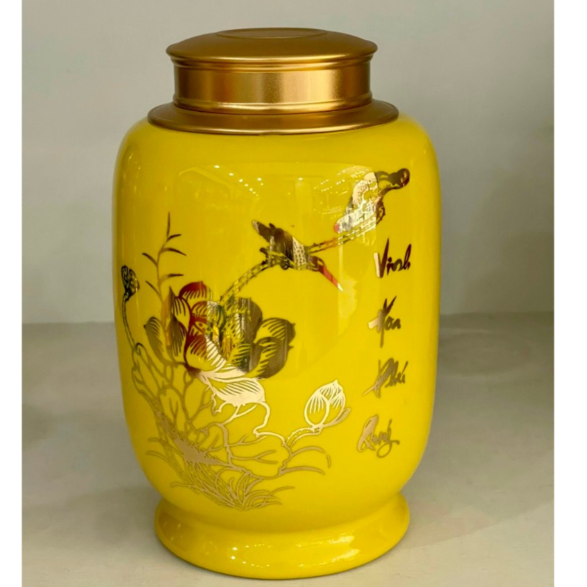 Bình trà bát tràng cao cấp, lọ đựng trà gốm sứ bát tràng họa tiết vàng kim, hũ đựng trà, lọ đựng cà 