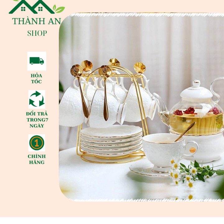 Bộ ấm chén kèm khay sứ pha trà hoa sứ xương cao cấp màu trắng viền vàng hoa hồng nổi có đế đun nến g