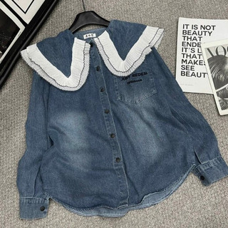 Áo sơ mi nữ chất jean cổ sen tiểu thư cổ bèo đính ngọc