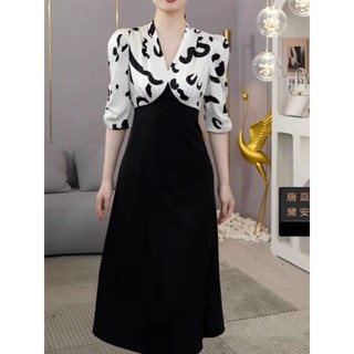 Đầm xòe cổ V phối họa tiết cao cấp