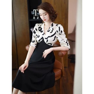 Đầm xòe cổ V phối họa tiết cao cấp