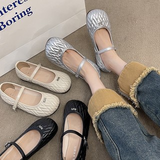 Giày búp bê ba lê ballet core nữ đế bệt mary jane lolita đế bệt da PU siêu mềm cài quai 3 màu đen be bạc hottrend