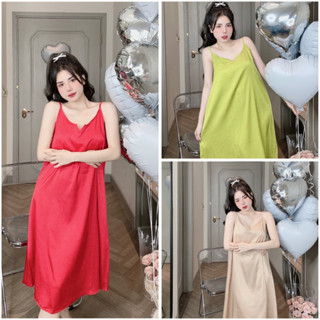 Đầm ngủ váy 2 dây mặc nhà dáng dài chất lụa xước trơn mềm nhẹ mát phom từ 40-65kg LANUTA