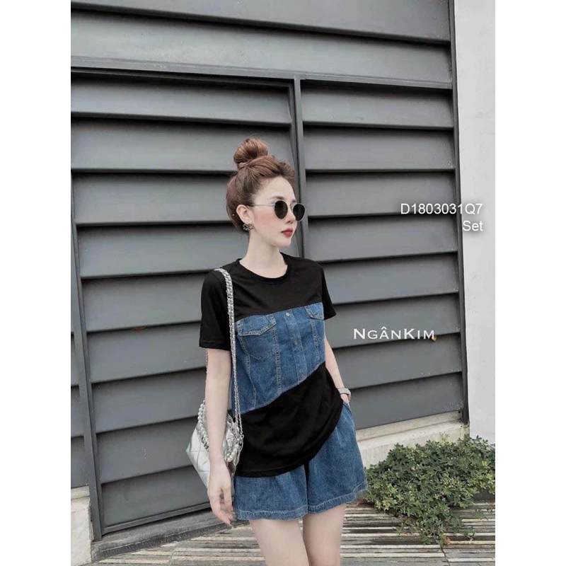 Set bộ áo thun tay ngắn ngực đắp jean kèm quần short jean sang trọng VIENS STORE