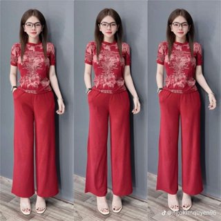 Set Bộ Nữ Ống Rộng Thun Gân Tăm Lạnh Mix Áo Form Suông Top Đen-HT1903