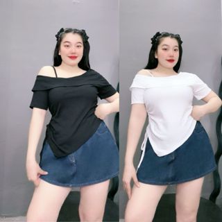 Áo thun bigsize nữ cách điệu vạt gập trễ vai một bên vạt chéo nhún bèo rút dây chất vải gân tăm co giãn-G213