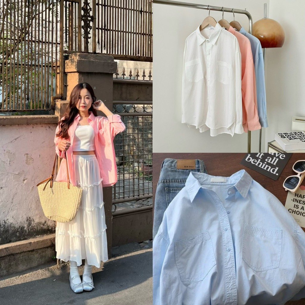 Áo sơ mi tay dài basic thô mềm 2 túi Pamstyle