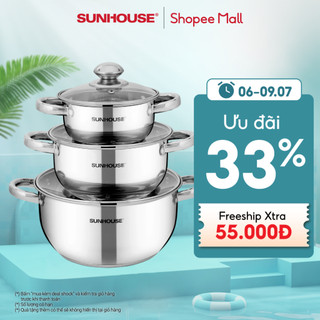   Bộ nồi Inox 3 đáy Sunhouse SH334 size 16cm-20cm-24cm - Đáy từ dùng mọi loại bếp - 3 lớp đáy