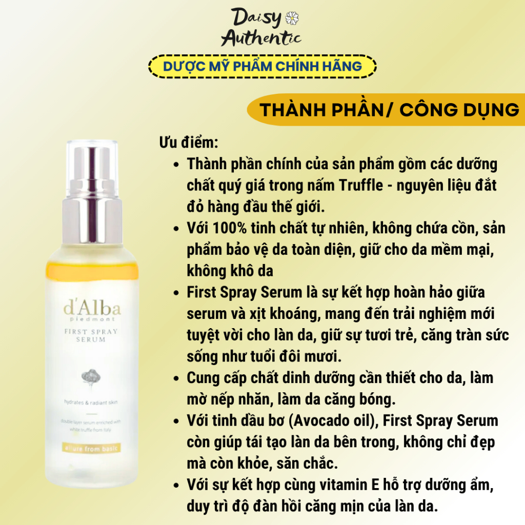 Serum Dạng Xịt d'Alba First Spray Serum Cấp Ẩm, Dưỡng Da Căng Bóng 50ml 100ml