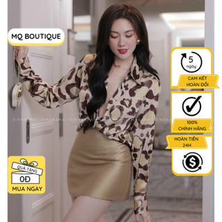 Áo sơ mi nữ lụa dài tay cao cấp công sở họa tiết đốm vàng nâu nền be , áo sơ mi họa tiết thiết kế MQ Boutique