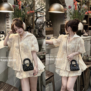 SET áo babydoll voan thô ren thêu mix chân váy xoè viền bèo có lót quần siêu xinh