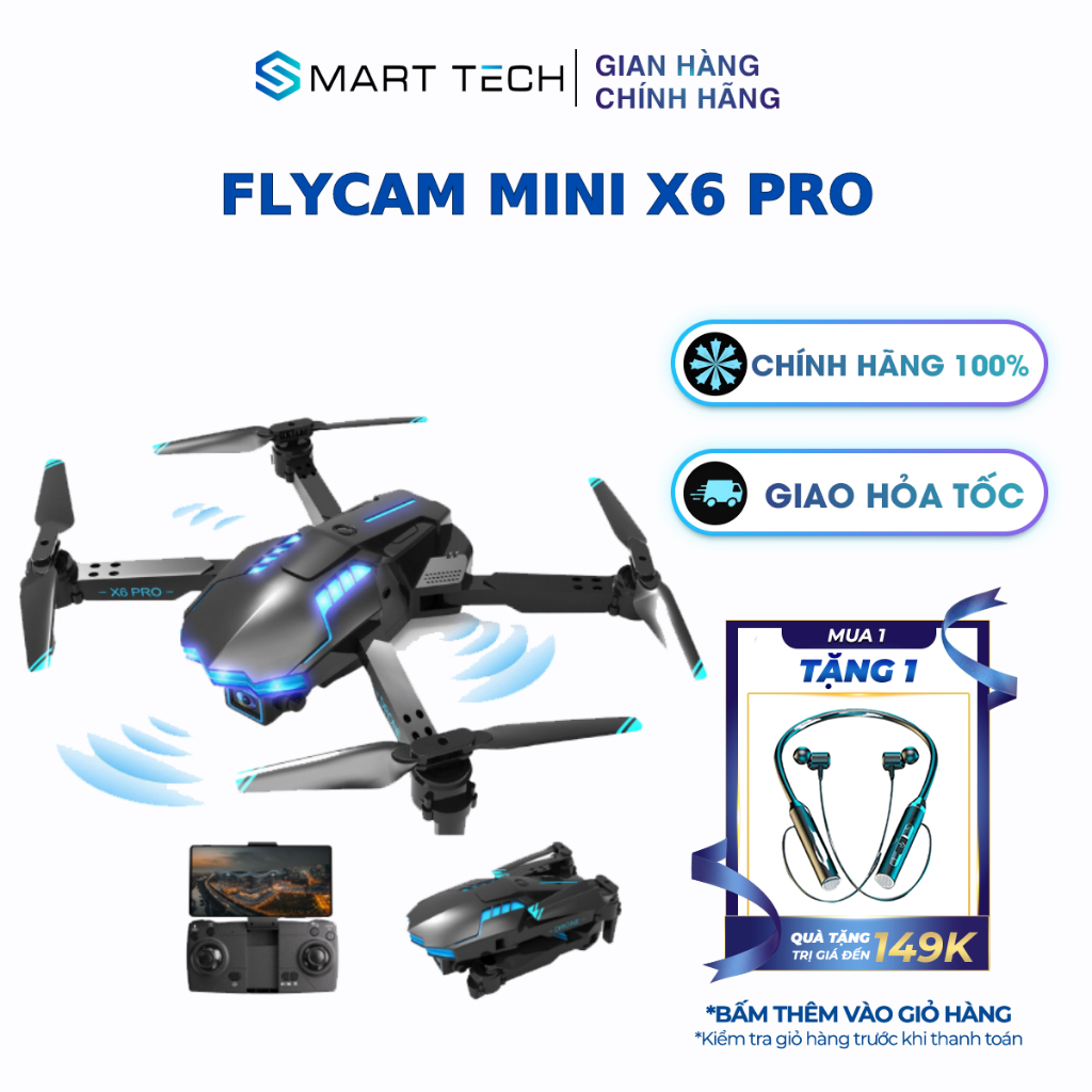 Flycam mini X6 pro, flycam giá rẻ chất lượng hình ảnh HD, camera góc rộng