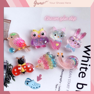 Bộ 14 Sticker, Charm 3D chủ đề Cú lấp lánh DIY Gamo nhựa cứng gắn Dép Cross, Dép Sục, Cá Sấu JB-133