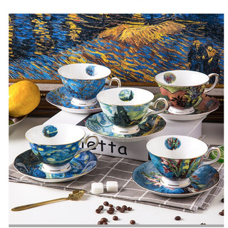 Bộ 5 tách trà khắc họa tranh Vangogh sứ xương cao cấp - Kèm giá treo mạ vàng