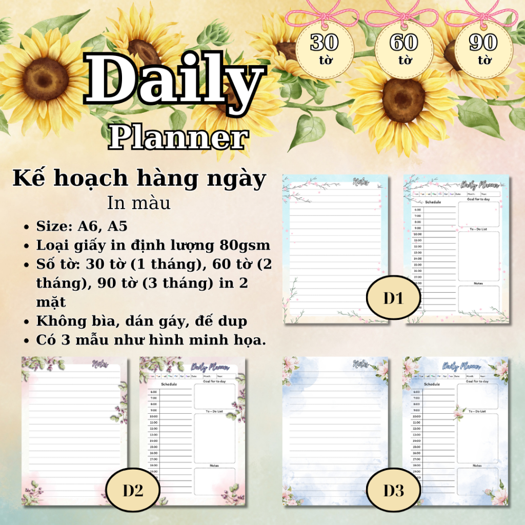 Daily planner - Kế hoạch hàng ngày- In màu 30 tờ, 60 tờ, 90 tờ - giấy 80gsm - Weekly planner - Hour 