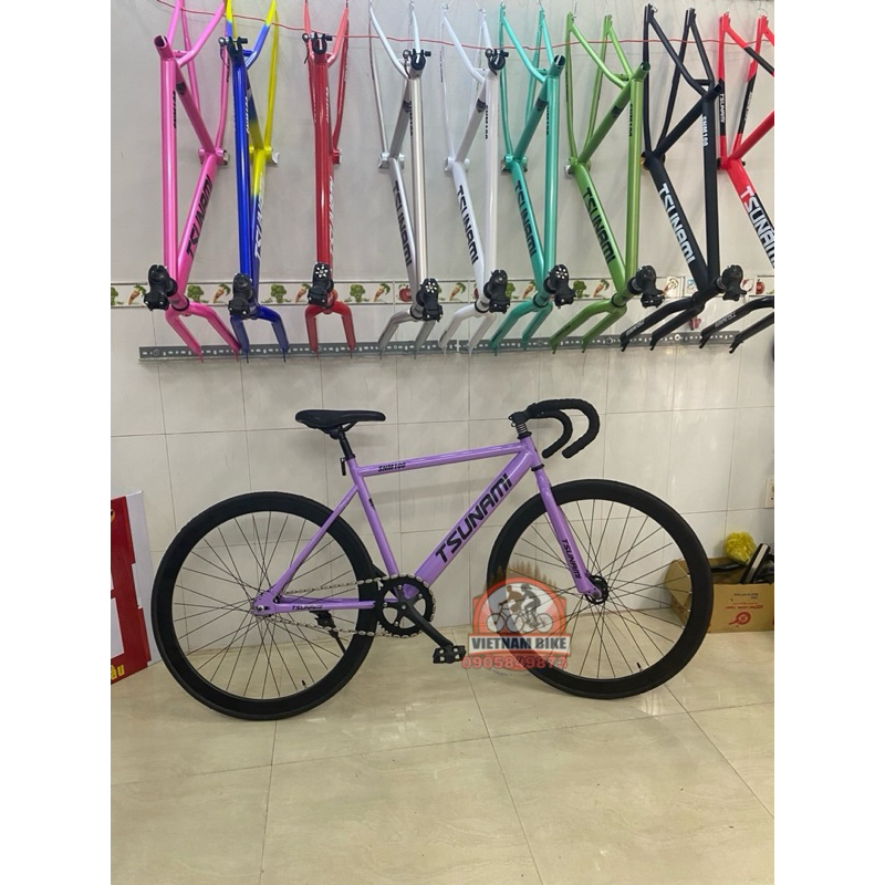 Xe đạp thể thao fixed gear& single speed tsunami tím nhạt bánh đen ( KÈM STRAP VÀ ĐỒ LẮP)