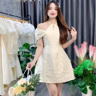 Váy cổ yếm trễ vai đính hoa dự tiệc kỉ yếu prom, đầm tiệc cưới
