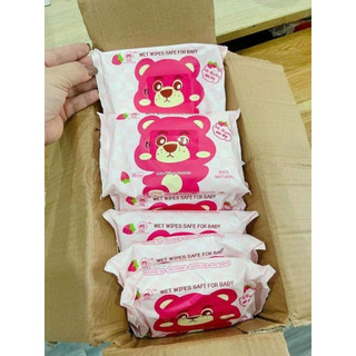 Thùng 10 gói khăn ướt gấu dâu mini mỗi gói 10 tờ