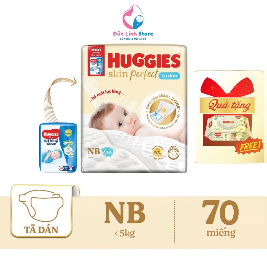 Tã bỉm dán sơ sinh Huggies Skin PerfectNB 70 miếng với 2 vùng thấm giảm