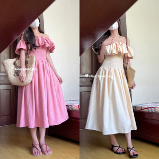 Đầm Trễ Vai Bèo Nhún Eo Midi Dài Đi Biển Hèo Chinh Chắn