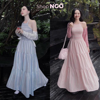 Đầm váy maxi cổ yếm dây sọc mocking dáng dài kèm khoác borip màu hồng, xanh đi biển,đi chơi siêu xinh shop ngô fashion