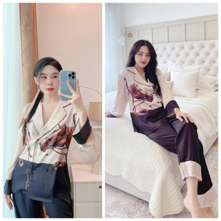 Đồ Bộ Mặc Nhà Pijama Lụa Xước Kiểu Dáng Vest In Hình Ngựa - Nút Đính Đá - Free Size 40-58kg