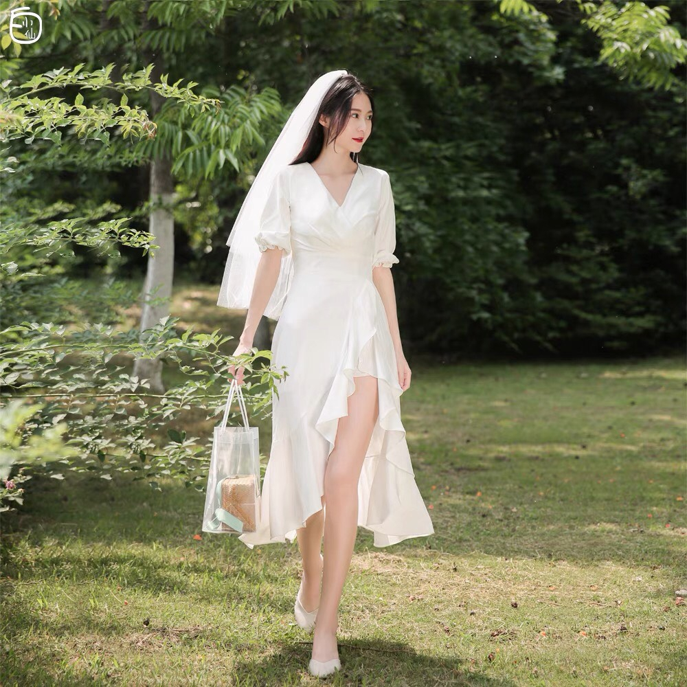 Váy trắng đuôi cá dáng dài dự tiệc thiết kế, váy cô dâu chất lụa mềm 2 lớp_Deloga