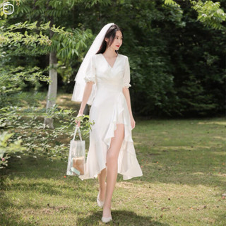 Váy trắng đuôi cá dáng dài dự tiệc thiết kế, váy cô dâu chất lụa mềm 2 lớp_Deloga