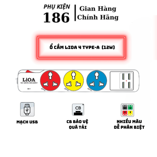 Ổ cắm điện đa năng LIOA kèm cổng sạc USB/Type C - 4 TYPE-A (12W) -''CHÍNH HÃNG''