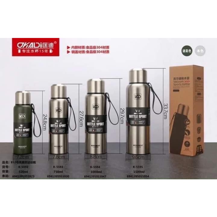 (HÀNG CHUẨN HÃNG LOẠI 1)BÌNH GIỮ NHIỆT CAO CẤP KD852 750/1000/1500 ML CÓ NẮP +LÕI LỌC TRÀ, INOX 304,