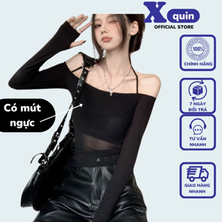  Áo trễ vai nữ tay dài phối lưới 2 lớp có mút ngực Xquin Áo lưới tay dài trễ vai phối dây cột cổ hở lưng cực sexy 