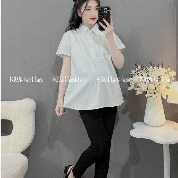 Combo áo sơ mi trắng + quần legging bầu áo bầu bộ bầu