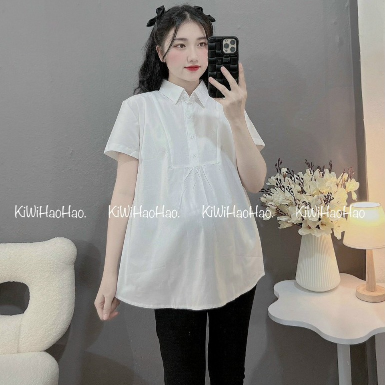 Combo áo sơ mi trắng + quần legging bầu áo bầu bộ bầu