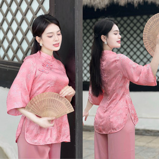 Bộ lam đi chùa, set pháp phục đi lễ lụa tơ tằm cúc đá họa tiết cúc vạn thọ