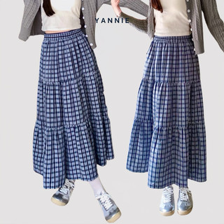 Chân váy xanh kẻ caro dáng dài midi cạp chun Yannie