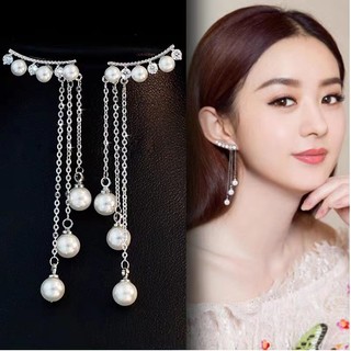 Bông tai nữ dài tua rua đính hạt châu trắng siêu hot mẫu mới phụ kiện trang sức style hàn quốc - namimi