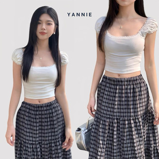 Áo thun croptop tay bồng dáng ngắn màu trắng ôm eo Yannie