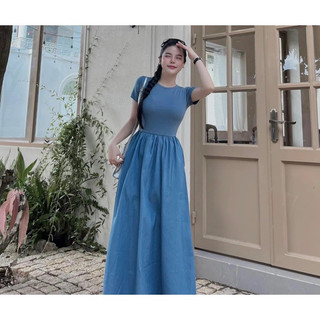 VÁY DÍP PHỐI JEANS GIẤY DÁNG DÀI