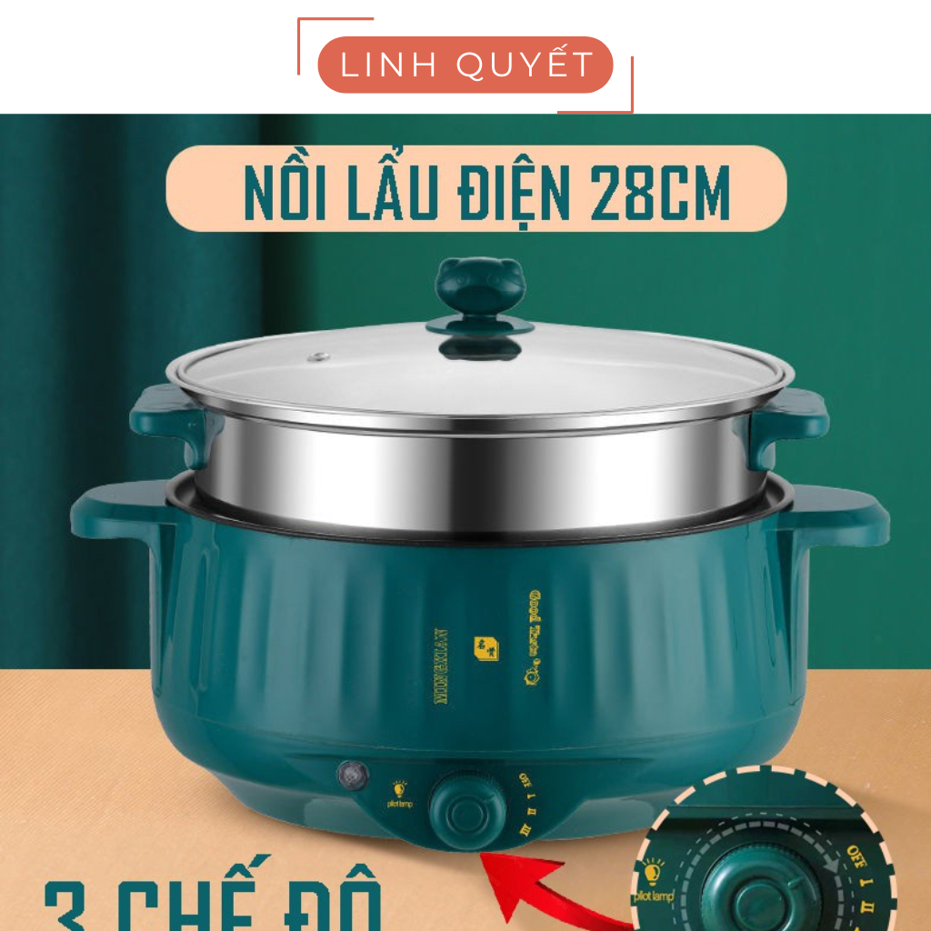 Nồi Lẩu Điện Đa Năng 28cm Chống Dính Cao Cấp Kèm Giá Hấp Inox Chiên, Xào, Hấp Công Suất 1000W