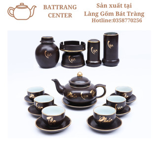 (SIÊU HOT)Bộ Ấm Chén Pha Trà Bát Tràng-men Tử Sa Nâu MỊN(không thô,sần)-vẽ Vàng: Phúc Lộc Thọ-dáng quả Hồng