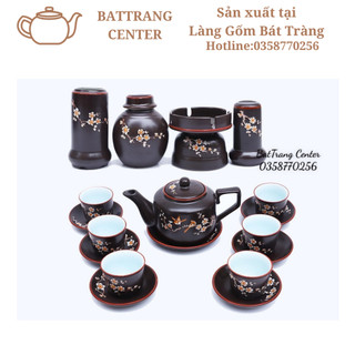 (SIÊU HOT)Bộ Ấm Chén Bát Tràng-men Tử Sa Nâu,MỊN(không thô,sần)-vẽ Hoa Đào,Hoa Sen dung tích 350ml,ấm Vuông