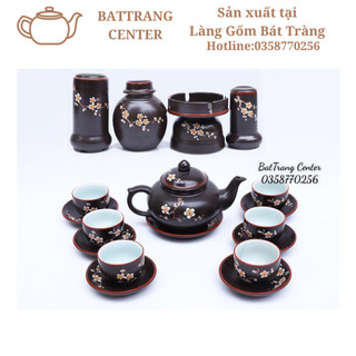 (SIÊU HOT)Bộ Ấm Chén Bát Tràng-men Tử Sa Nâu,MỊN(không thô,sần)-vẽ Hoa Đào dung tích 350ml