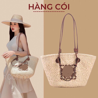 Túi cói quai da logo gỗ hàng Quảng Châu cao cấp-Hàng Cói