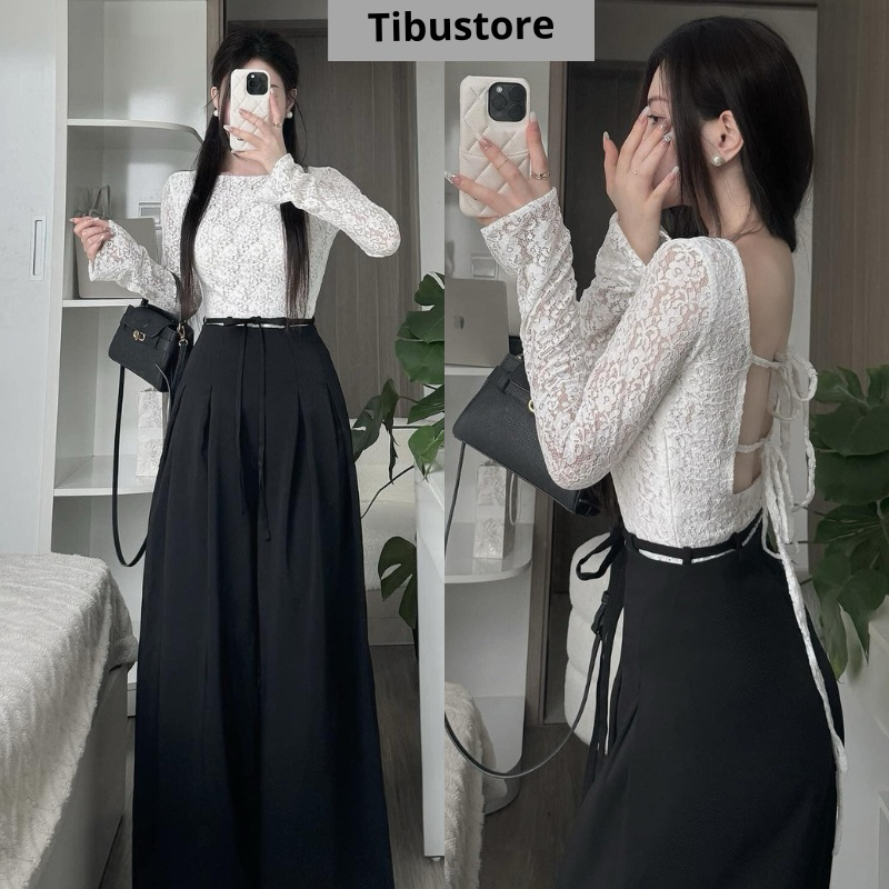 Set Áo Ren Hoa Dài Tay Đan Dây Trước Sau Mix Quần Ống Rộng TIBU Set Bộ Nữ Hở Lưng Hai Màu Đen Trắng Thanh Lịch