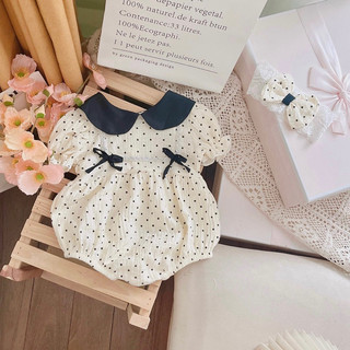  Kèm turban  Body chip cho bé gái từ sơ sinh  3-11kg  chất xô muslin chấm bi cổ đen 