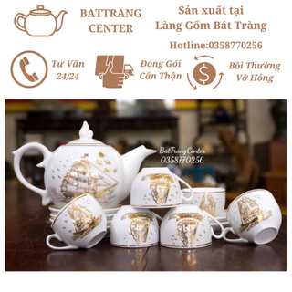 (6 MẪU)Bộ Ấm Chén Pha Trà Bát Tràng - men Trắng,viền Vàng,vẽ Thuận Buồm Xuôi Gió,Hoa các loại bộ Chóp 500ml