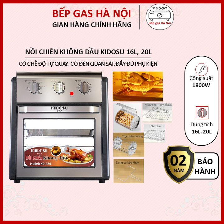 Nồi Chiên Không Dầu KIDOSU, Có Chế Độ Quay, Núm Điều Khiển Cơ, Có Đèn Quan Sát